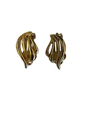 Vintage Gold Tone Abstract Ribbon Clip On Earrings Sculptural Swirl